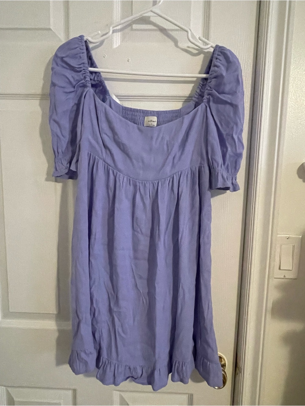 Wilfred Lavender Smocked Neckline Puffy Sleeves Mini Dress